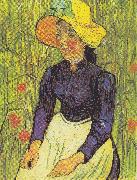 Vincent Van Gogh Young Peasant Woman with straw hat sitting in front of a wheat field Spain oil painting artist